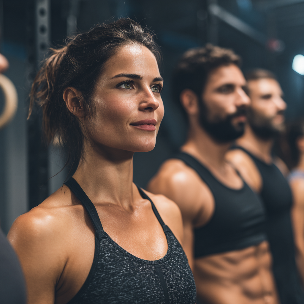 Grup de români adulți zâmbitori în echipament sportiv relaxat, în sală de fitness naturală